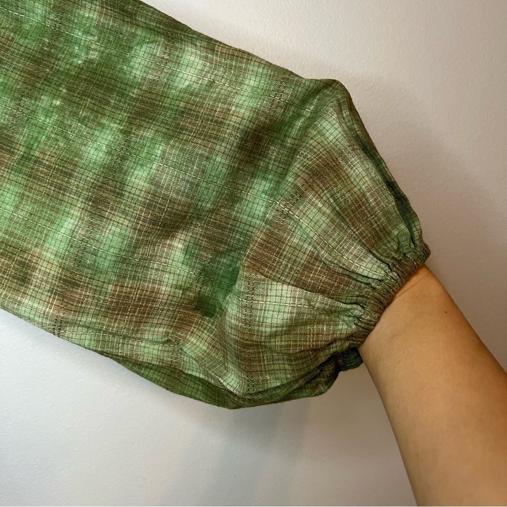 On You | Linen Tiered Tie Dye Mini Dress Babydoll Cuff Sleeve Bamboo Green Sz L - Picture 6 of 15
